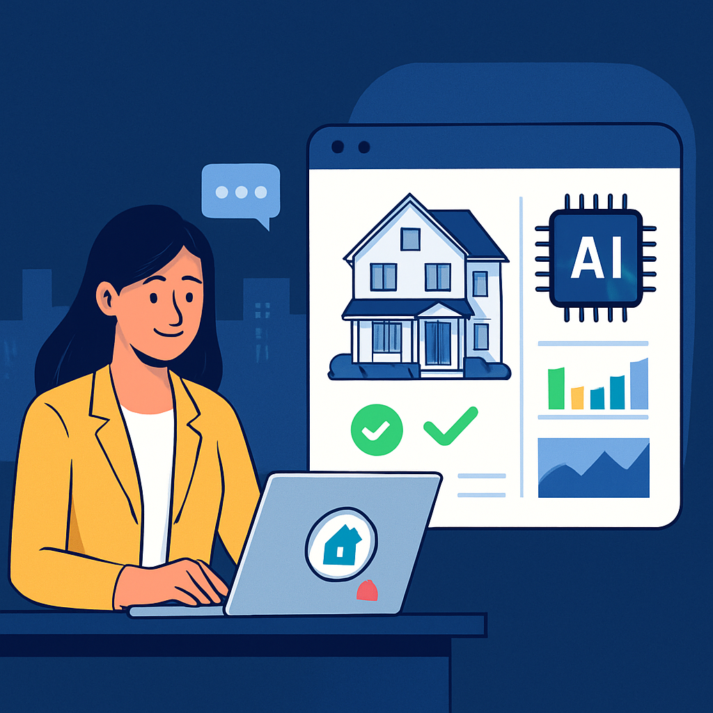 A real estate agent uses AI tools on her laptop to analyze property data.